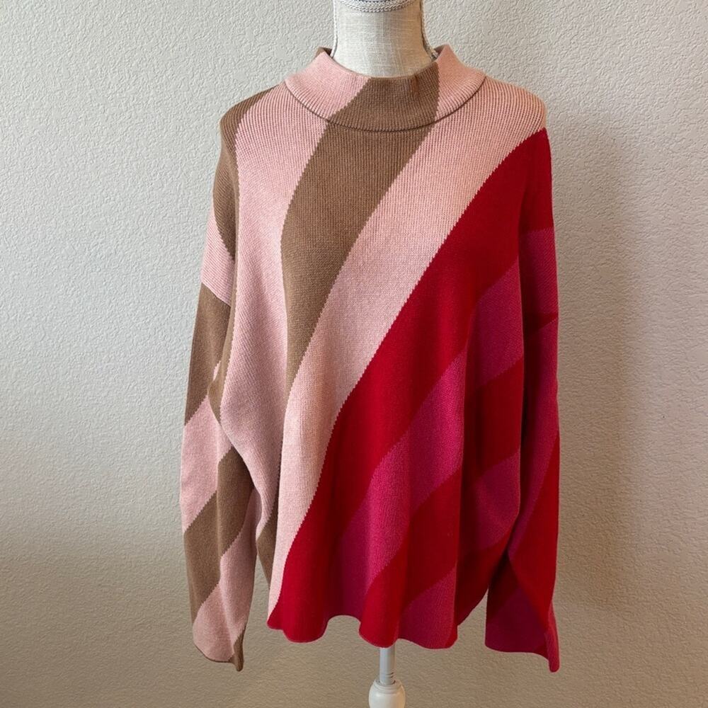 Liz Claiborne Pink Red Tan Striped Colorblock Women's Sweater NWT Size XXL 2X